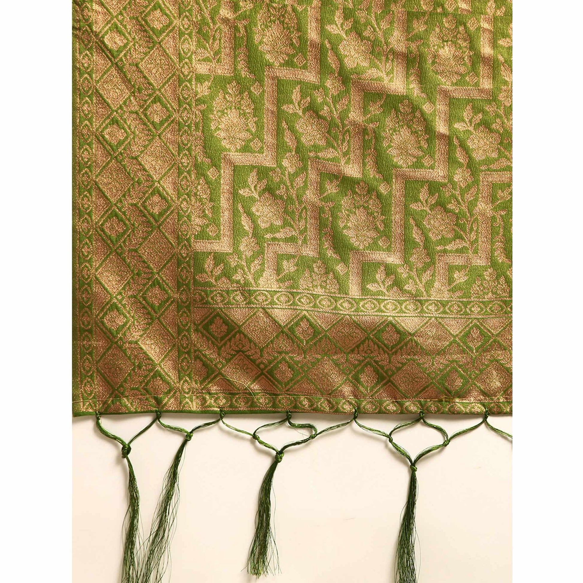 Mehendi Green Floral Woven Organza Silk Saree With Tassels