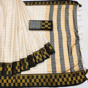 Cream & Black Woven Cotton Silk Saree