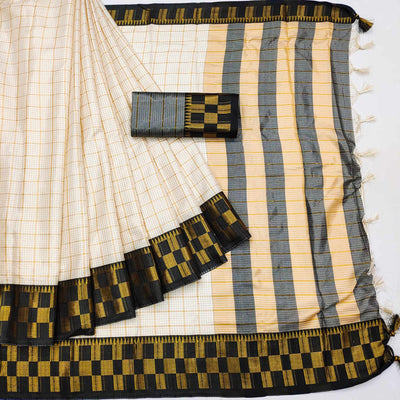 Cream & Black Woven Cotton Silk Saree