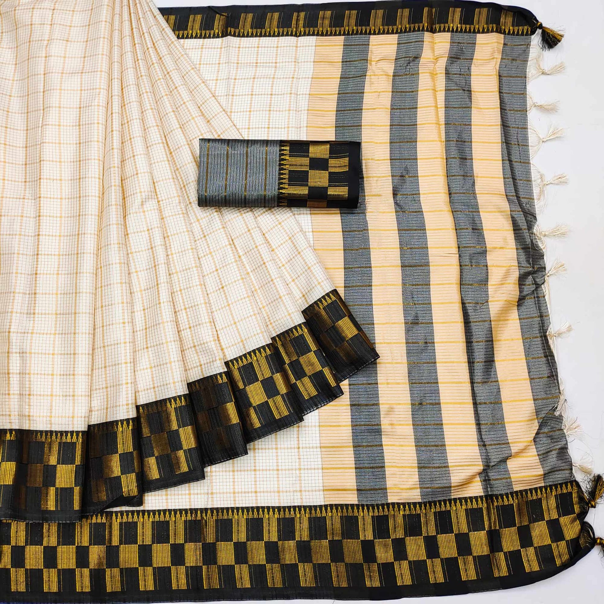Cream & Black Woven Cotton Silk Saree