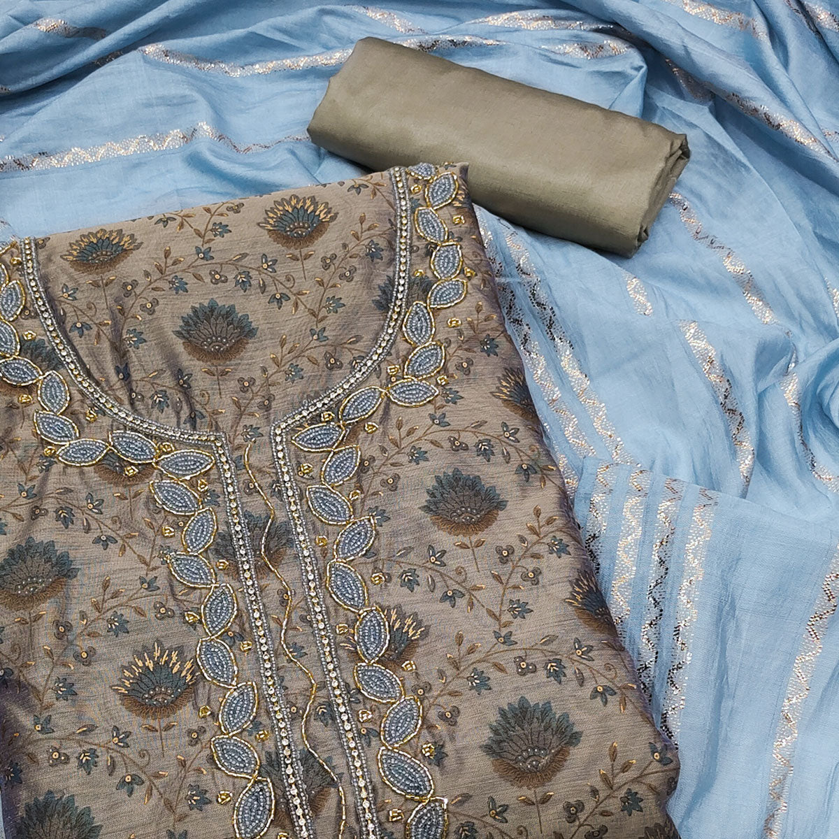 Grey Printed With Handwork Modal Dress Material