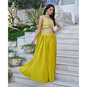 Lemon Green Embroidered Chiffon Plated Lehenga Choli