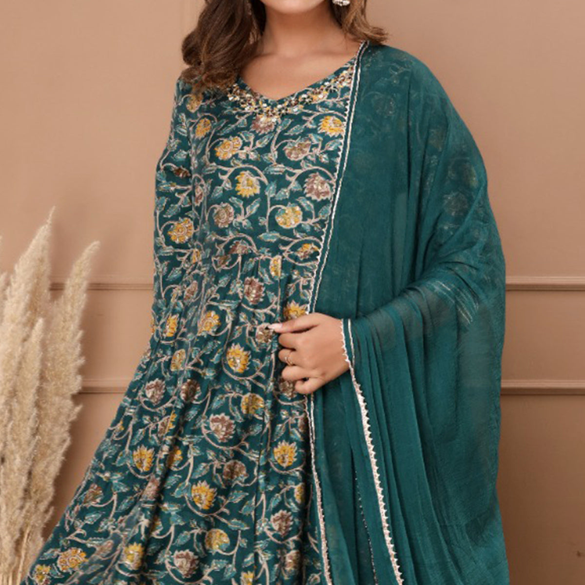 green-floral-printed-with-gota-patti-work-muslin-anarkali-suit