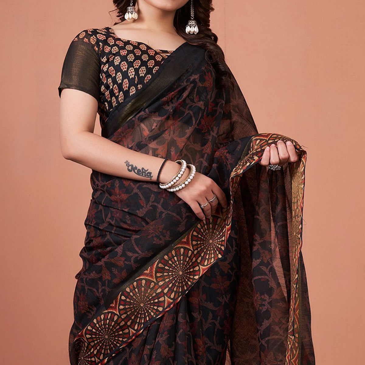 Brown Printed Cotton Saree With Tassels
