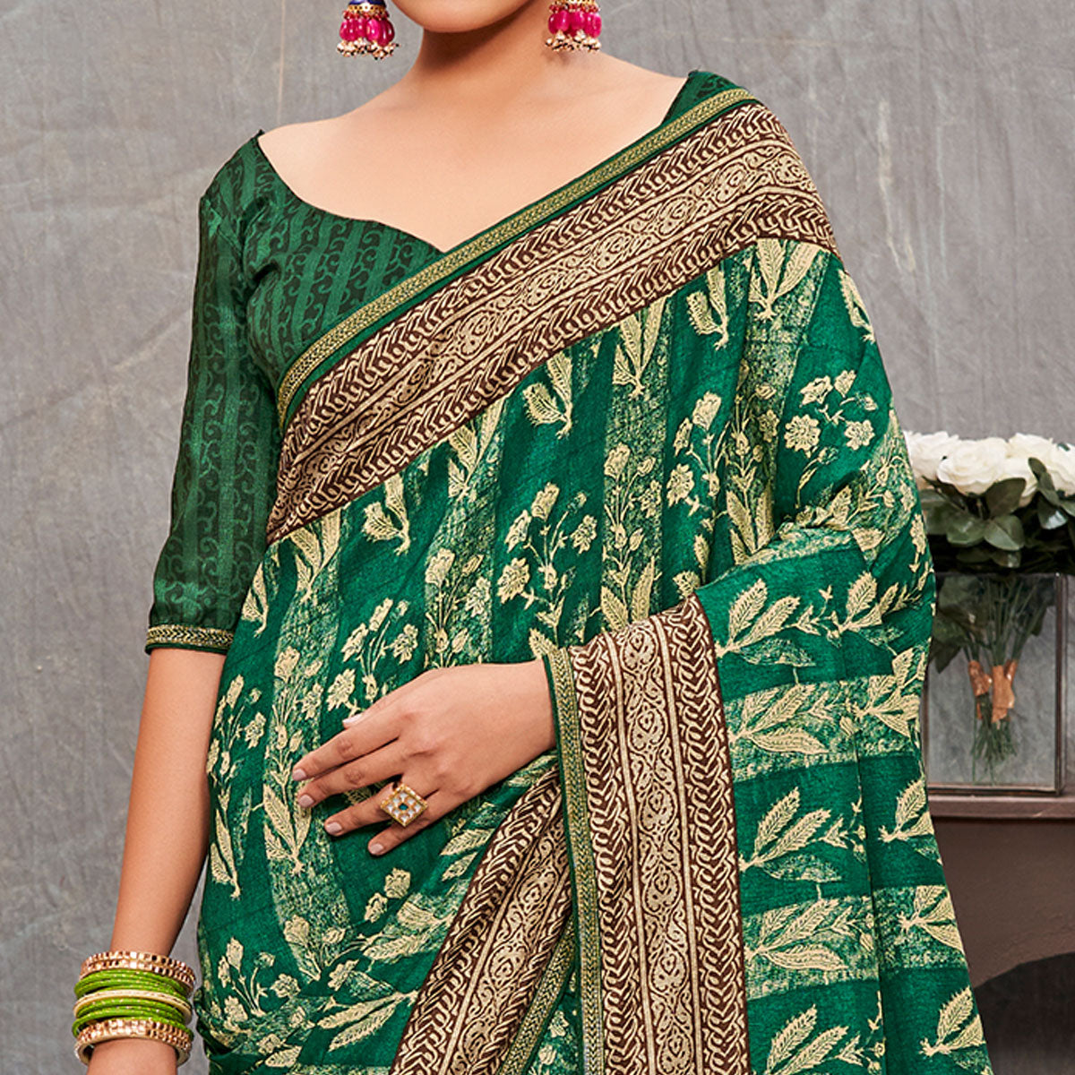 green-floral-printed-tussar-silk-saree
