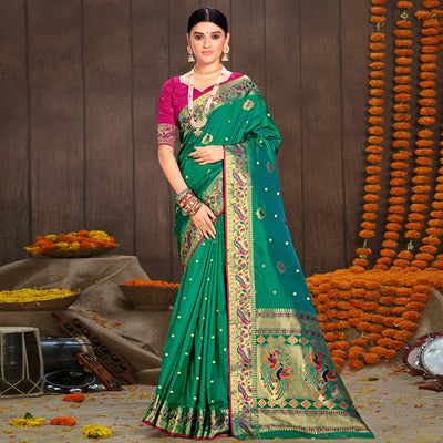 green-woven-cotton-silk-paithani-saree