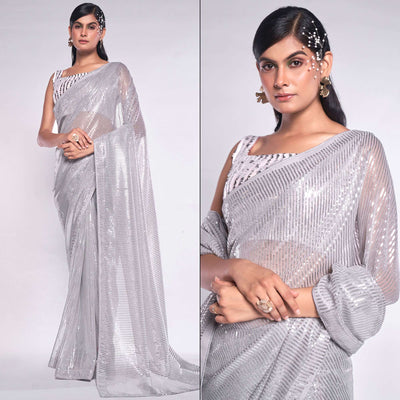 Grey Sequins Embroidered Georgette Saree