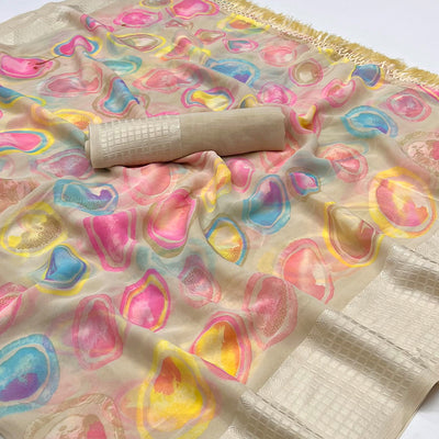 Chikoo Printed Georgette Saree With Tassels