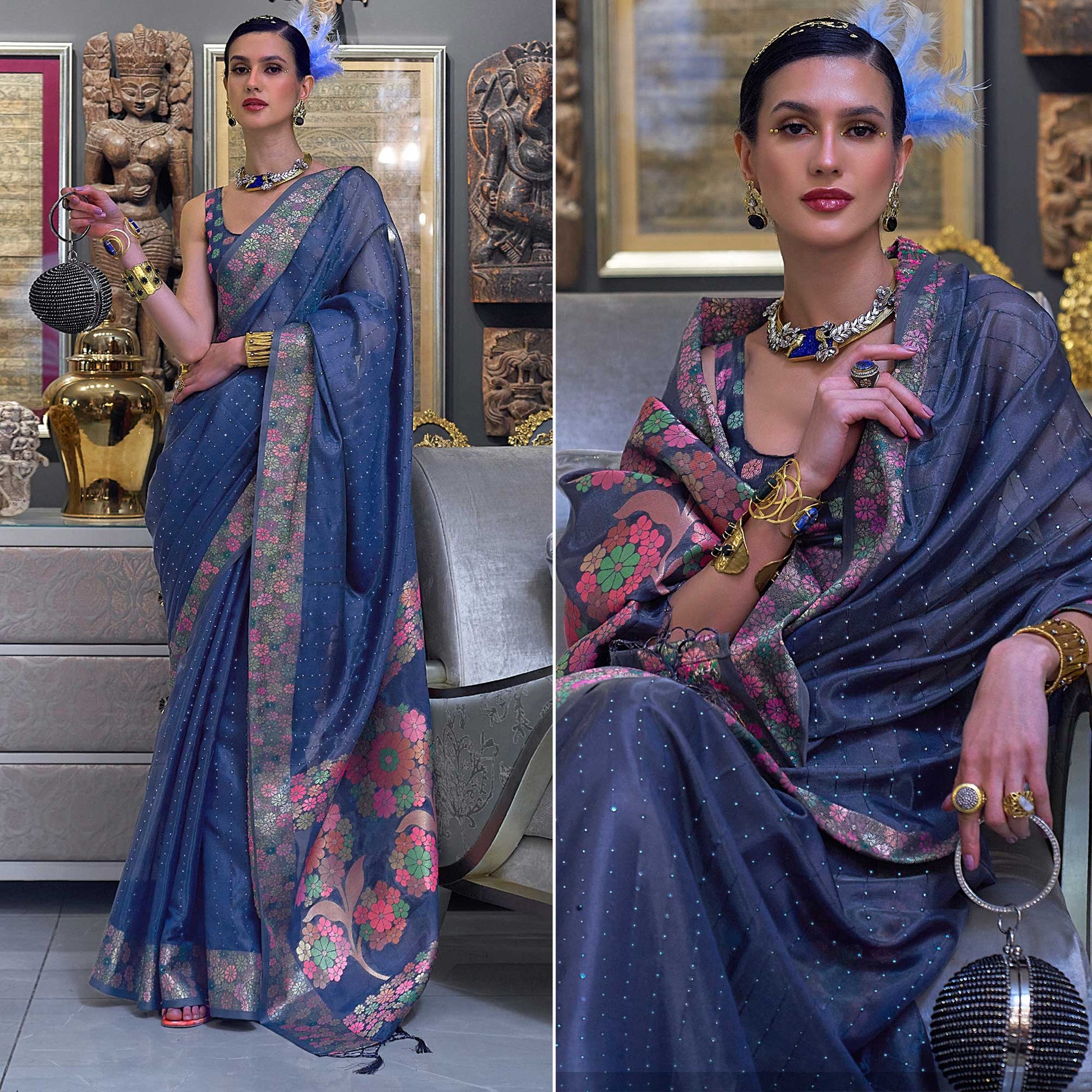 Blue Woven With Sequins Work Organza Saree