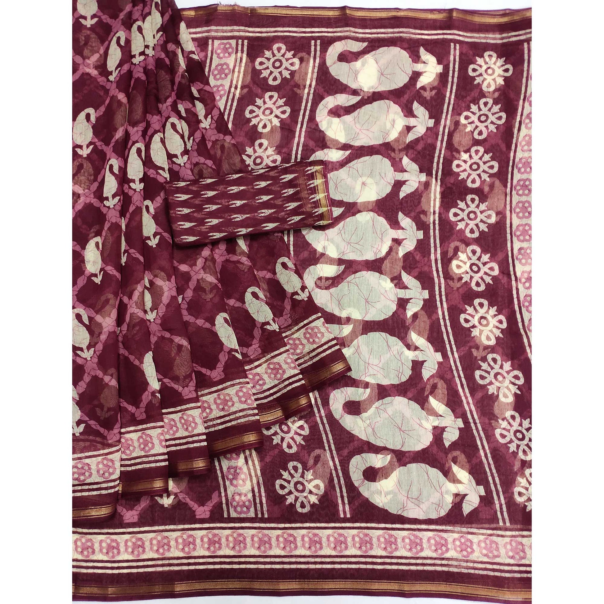 Maroon Printed Cotton Blend Saree