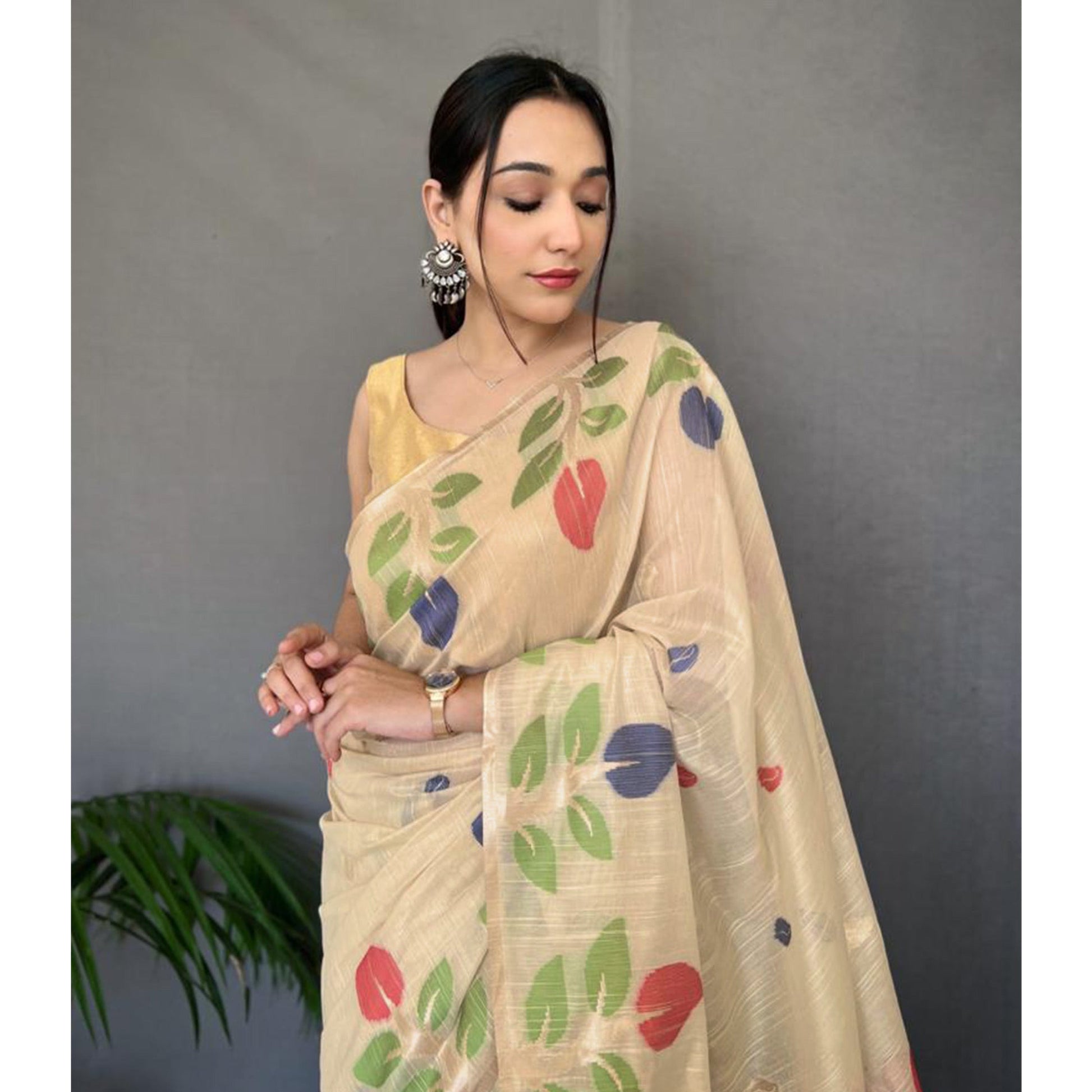 Chikoo Floral Woven Cotton Saree