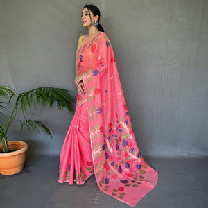 Gajari Pink Floral Woven Cotton Saree