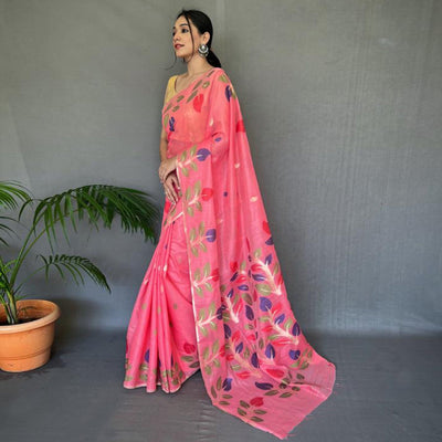 Gajari Pink Floral Woven Cotton Saree