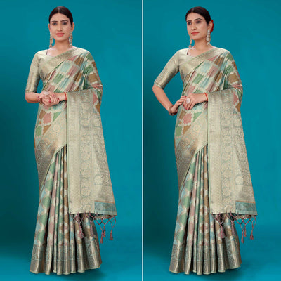 Blue Woven Organza Saree With Tassels