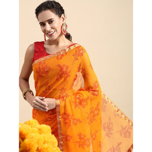 Light Orange Floral Foil Printed Zomato Saree