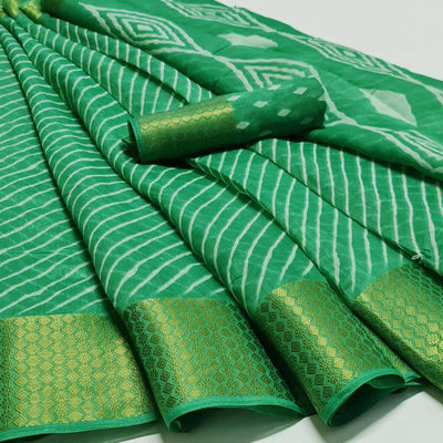 green-striped-printed-linen-saree