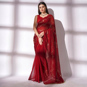 Maroon Sequins Embroidered Georgette Saree