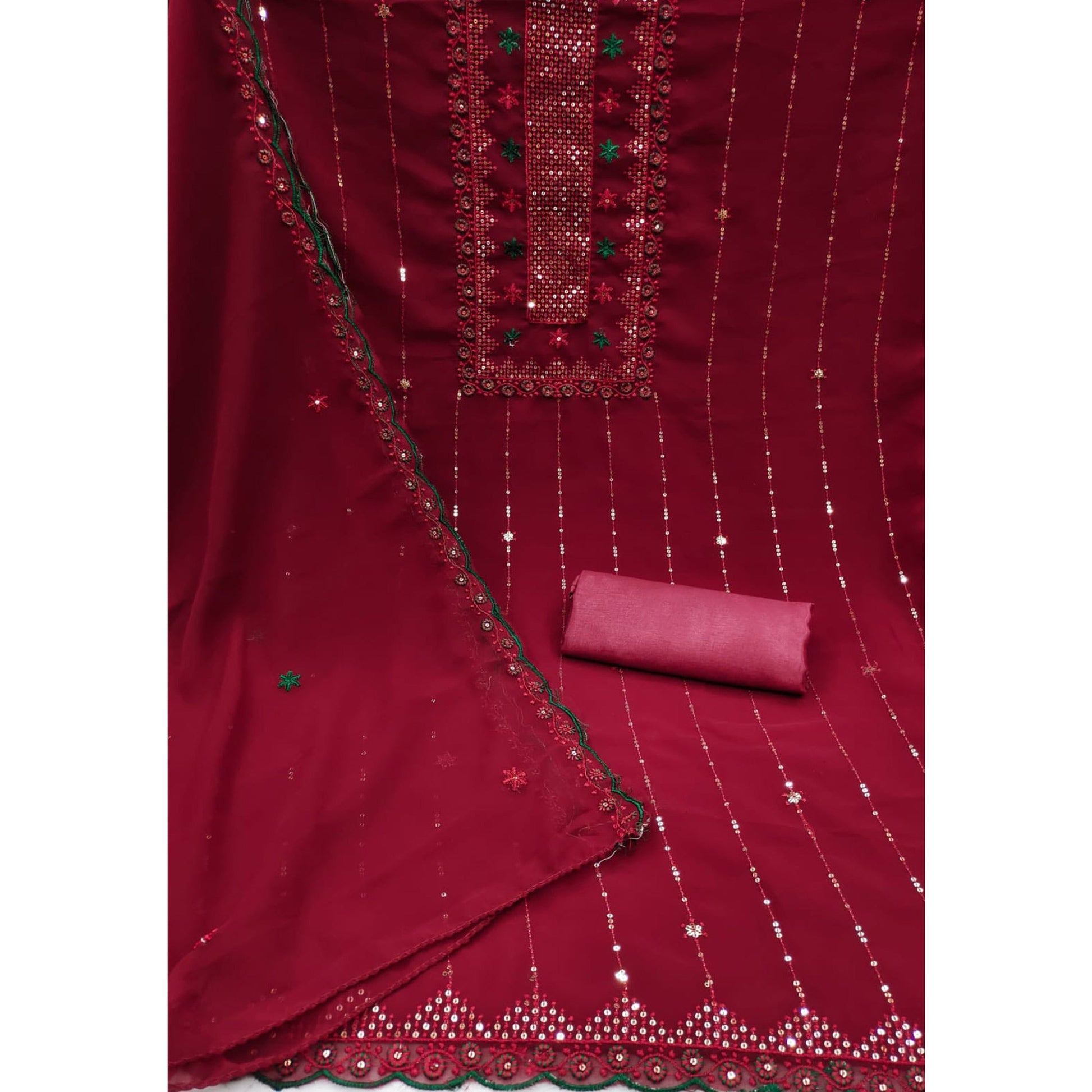 Maroon Sequins Embroidered Georgette Dress Material