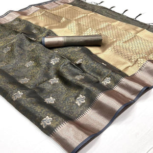 Grey Woven Organza Saree With Tassels