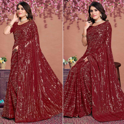 Maroon Sequins Emroidered Georgette Saree