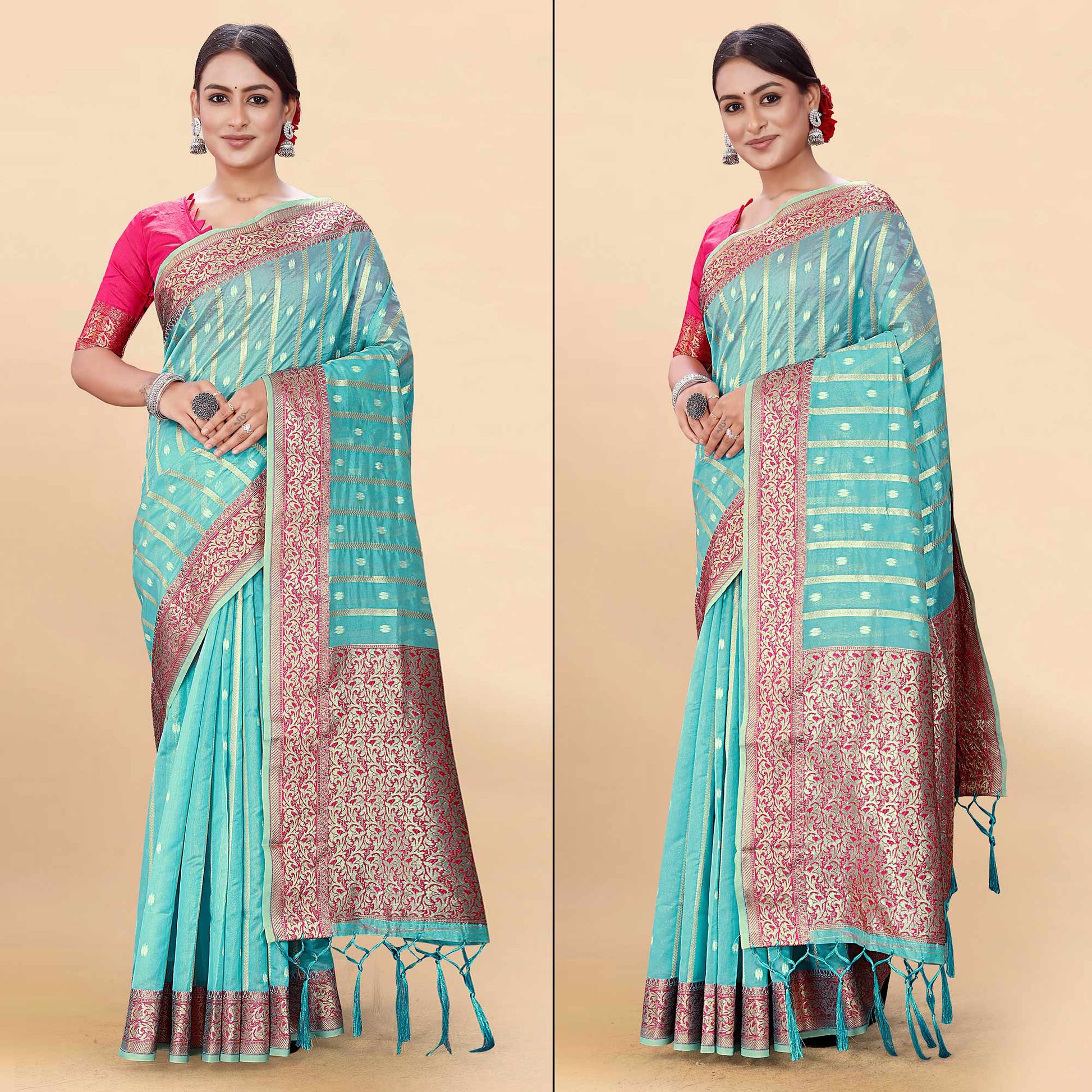 Blue Woven Organza Saree With Tassels