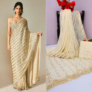 Cream Sequins Embroidered Georgette Saree