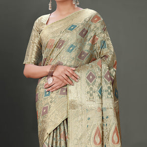 Grey Woven Organza Saree With Tassels