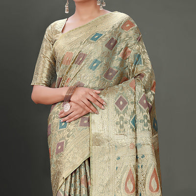Grey Woven Organza Saree With Tassels
