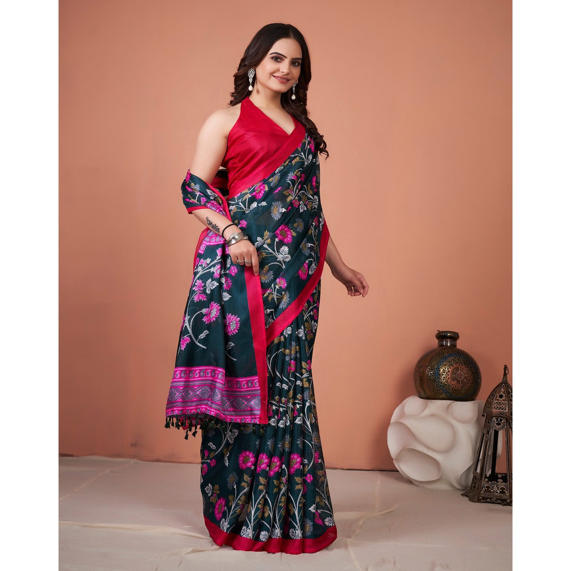 green-floral-printed-jute-saree-with-tassels