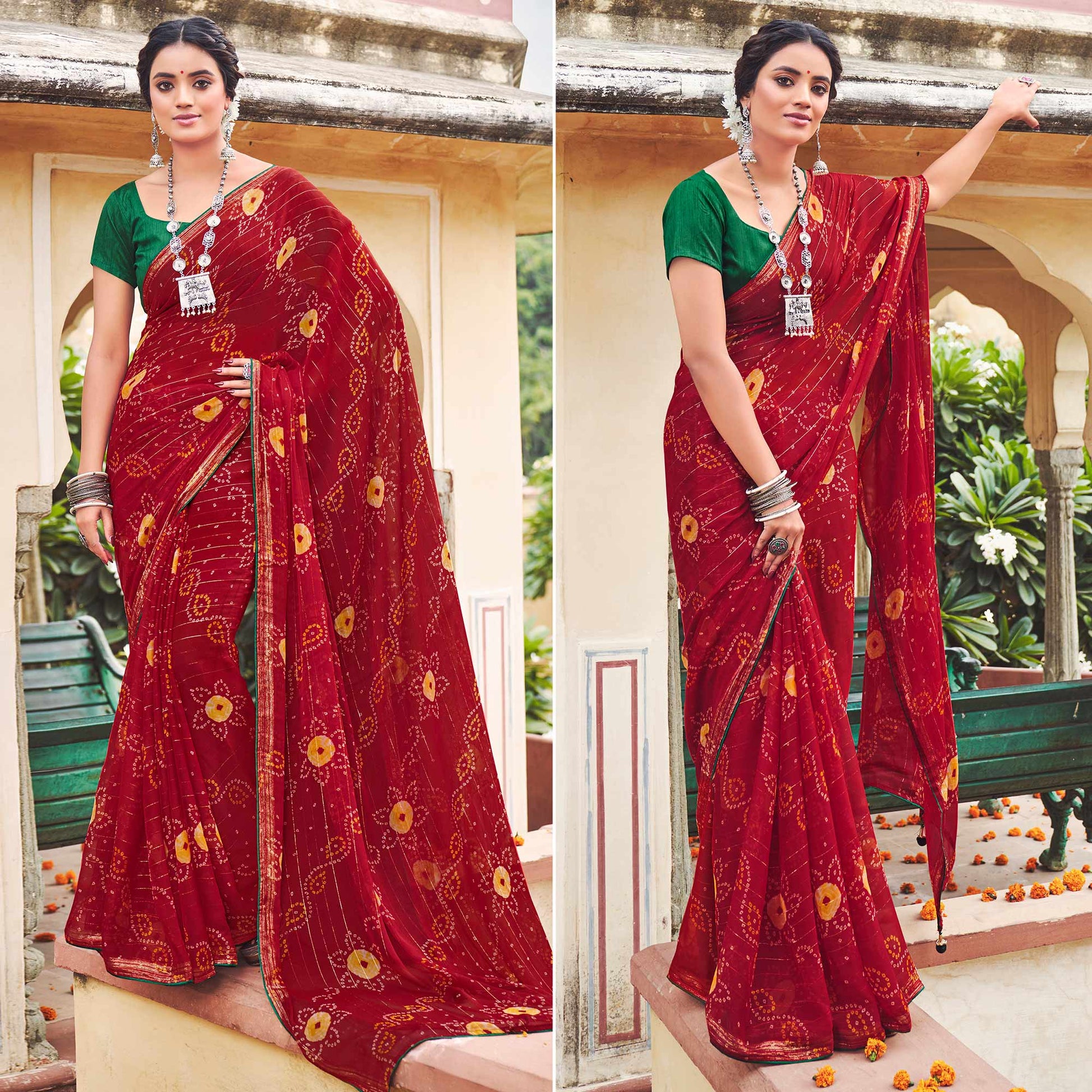 Maroon Printed Chiffon Saree