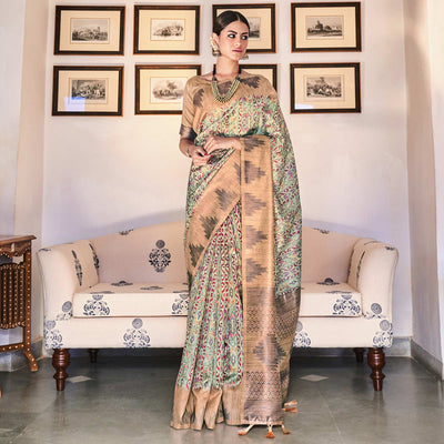 green-digital-printed-raw-silk-saree-with-tassels
