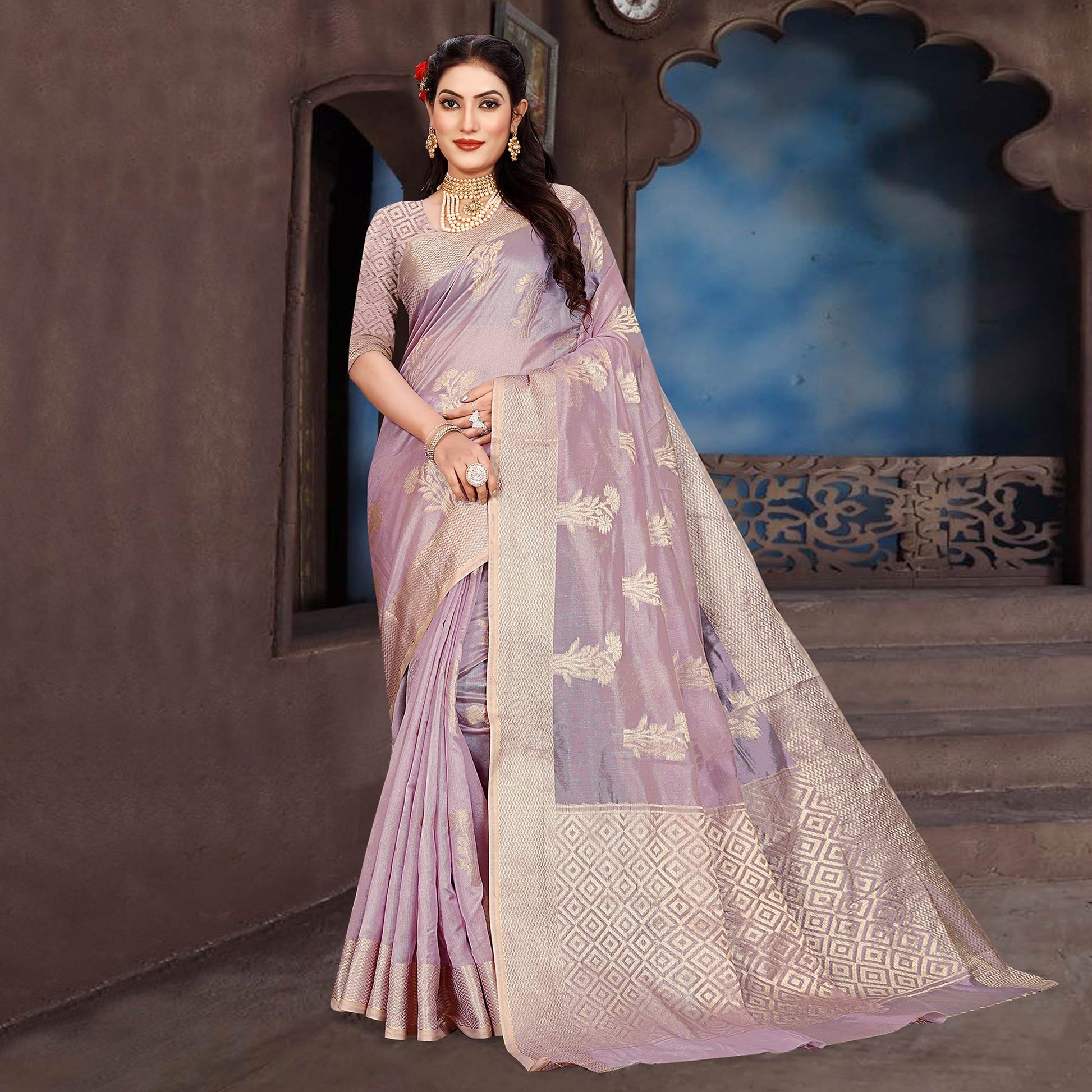 Light Purple Floral Woven Organza Saree