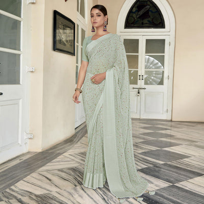 6green-printed-georgette-saree-with-checks-border