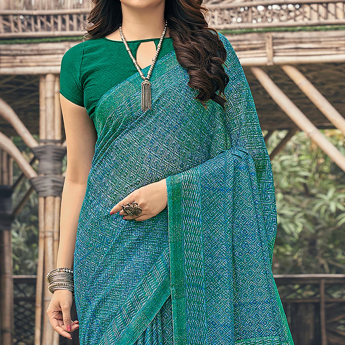 green-blue-printed-chiffon-saree