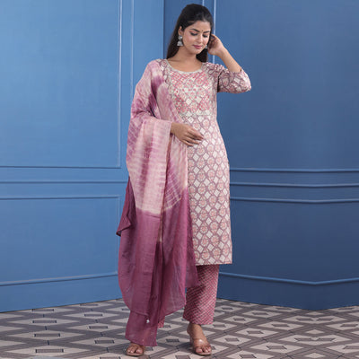 Mauve Floral Printed With Embroidered Rayon Suit