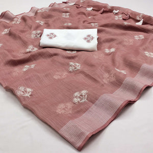 Mauve Floral Embroidered Raw Silk Saree