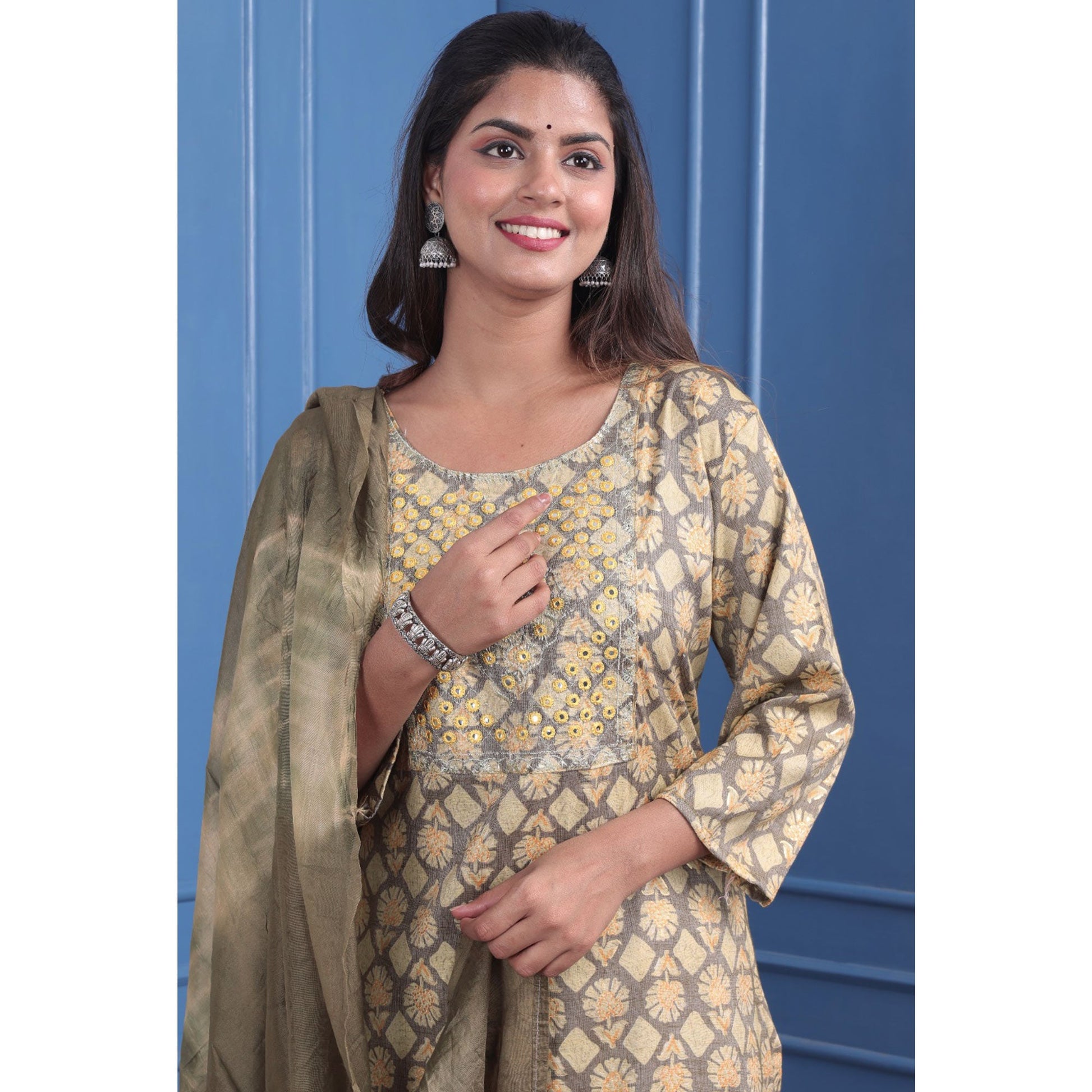 Cream Floral Printed With Embroidered Rayon Suit