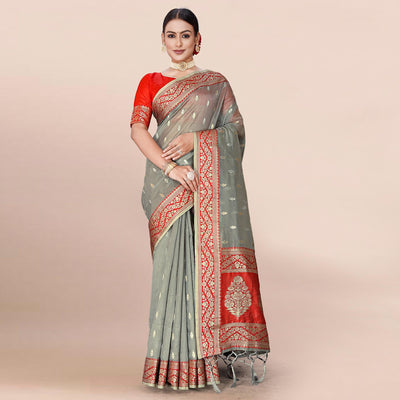 Grey Woven Organza Saree With Tassels