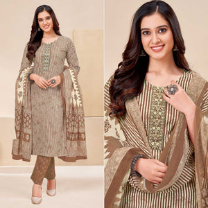 Brown Printed With Tie Embroidered Pure Cotton Suit