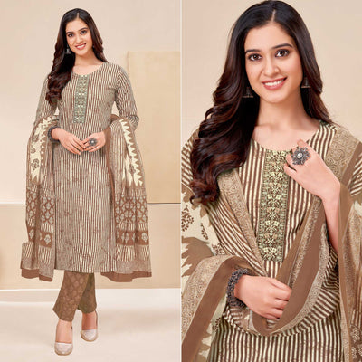 Brown Printed With Tie Embroidered Pure Cotton Suit
