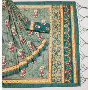 grey-floral-digital-printed-tussar-silk-saree-with-tassels