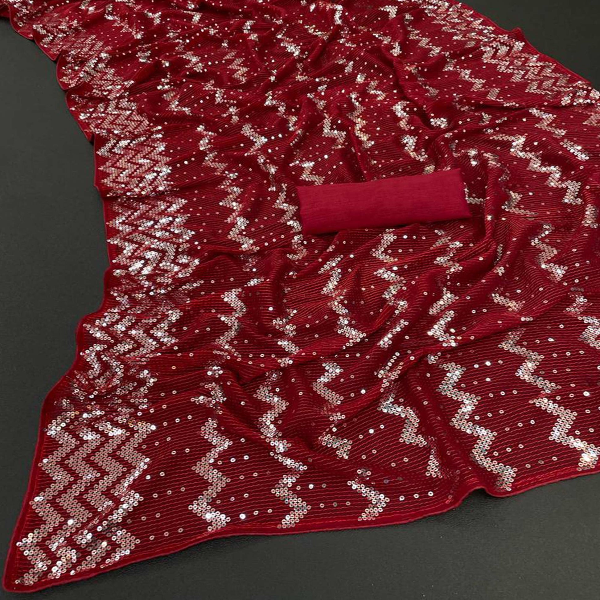 Cherry Red Sequins Embroidered Georgette Saree