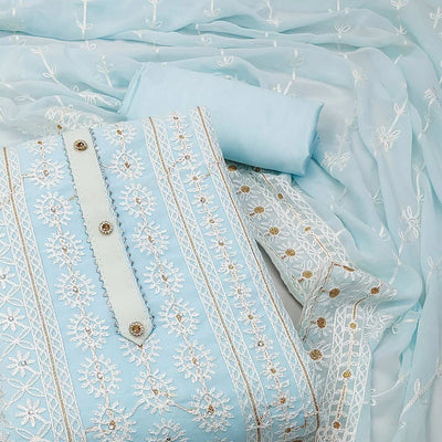 Light Blue Lucknowi Embroidered Georgette Dress Material