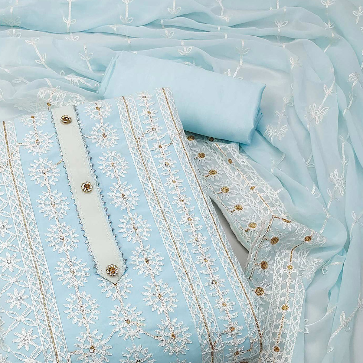 Light Blue Lucknowi Embroidered Georgette Dress Material