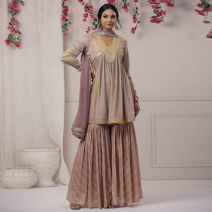 Mauve Printed With Embroidered Chiffon Sharara Suit