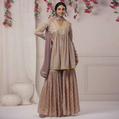 Mauve Printed With Embroidered Chiffon Sharara Suit