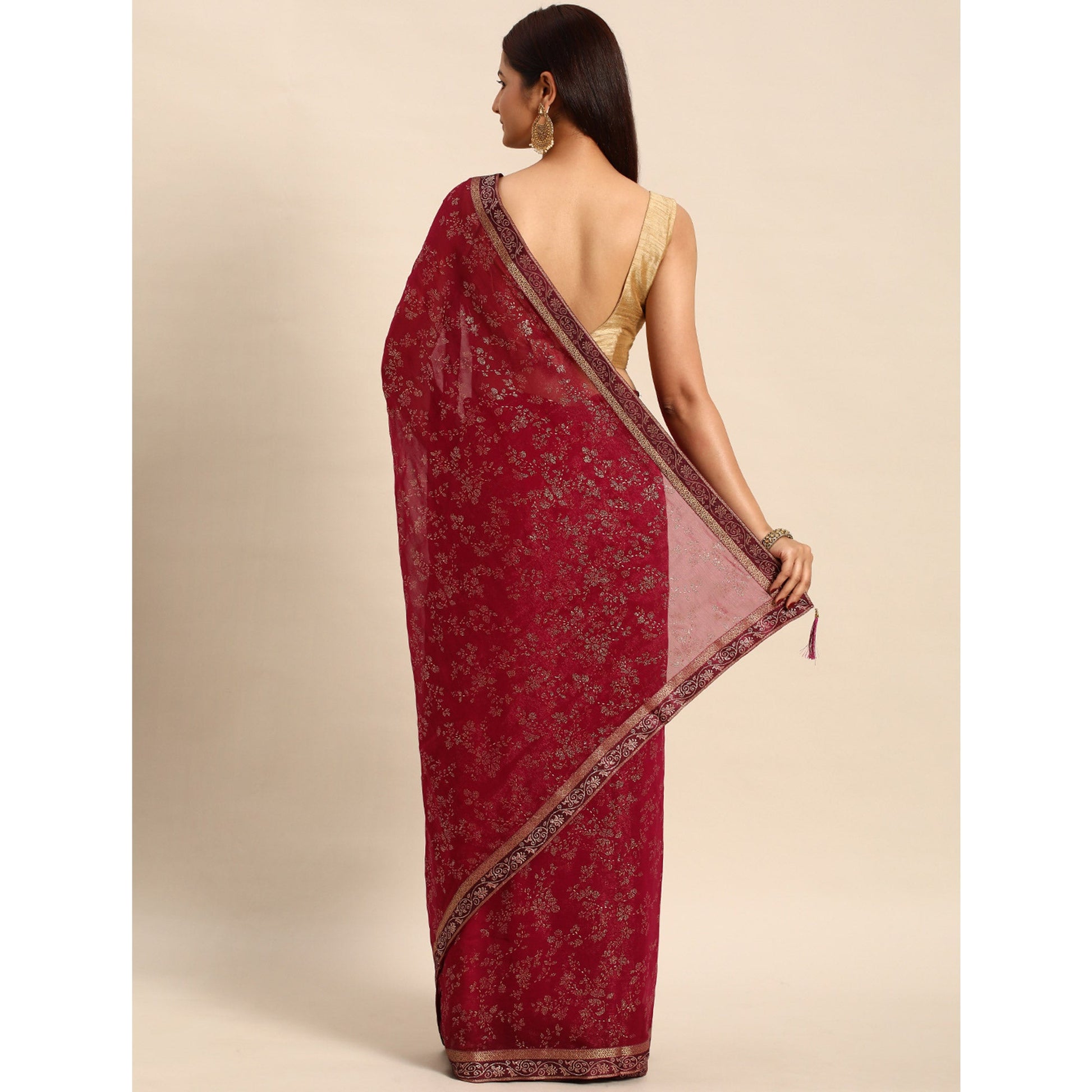 Maroon Floral Foil Printed Shimmer Saree