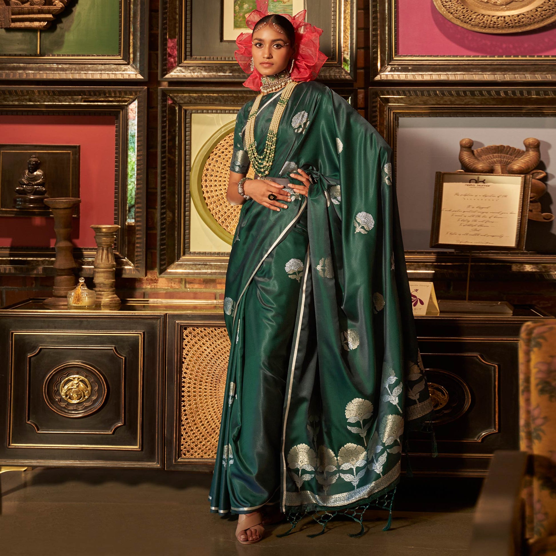 Bottle Green Floral Woven Satin Saree With Tassels