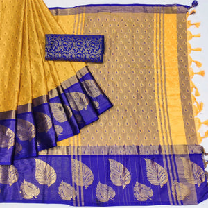 Dusty Yellow Woven Cotton Silk Saree With Tassels