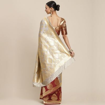 Grey-Maroon Woven Banarasi Silk Half & Half Saree